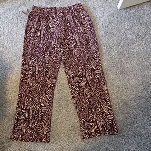 SOHO Burgundy and Cream Leaf-Print Wide Leg Pants